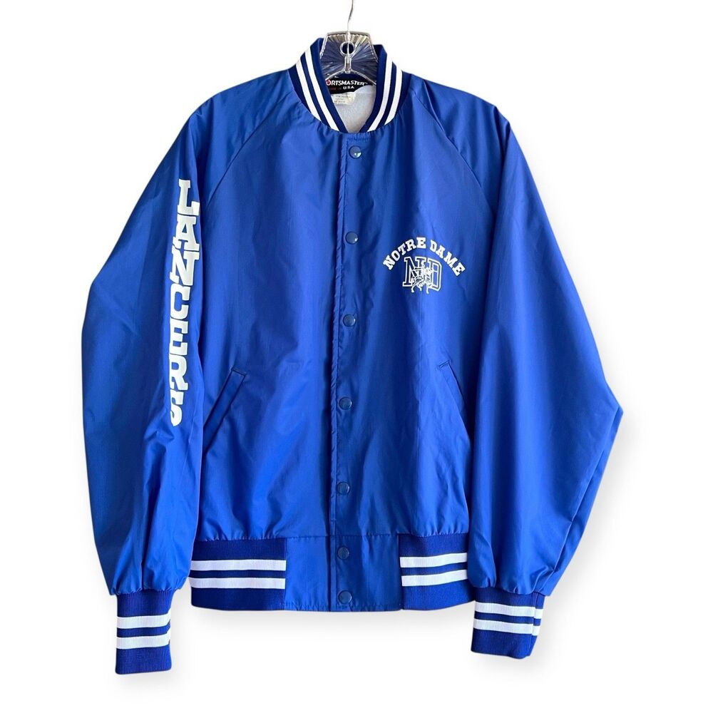 Vintage 80s Notre Dame Lancers Jacket Medium Blue Nylon Soft Shell Deadstock USA